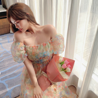 Plus Size Women French Style Retro Floral Orange Oil Painting Off Shoulder Puff Sleeve Dress - Thumbnail 2