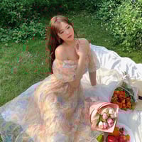 Plus Size Women French Style Retro Floral Orange Oil Painting Off Shoulder Puff Sleeve Dress - Thumbnail 5