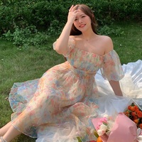 Plus Size Women French Style Retro Floral Orange Oil Painting Off Shoulder Puff Sleeve Dress - Thumbnail 6