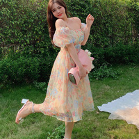 Plus Size Women French Style Retro Floral Orange Oil Painting Off Shoulder Puff Sleeve Dress - Thumbnail 7