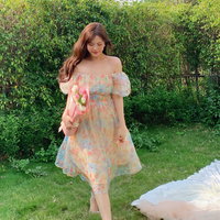 Plus Size Women French Style Retro Floral Orange Oil Painting Off Shoulder Puff Sleeve Dress - Thumbnail 9