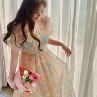 Plus Size Women French Style Retro Floral Orange Oil Painting Off Shoulder Puff Sleeve Dress - Thumbnail 1