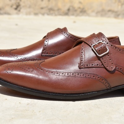 Classic men's brown wingtip single monk strap genuine leather shoes
