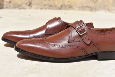 Classic Men's Brown Wingtip Single Monk Strap Genuine Leather Shoes