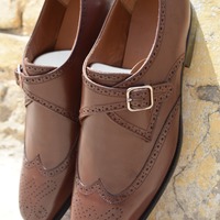 Classic Men's Brown Wingtip Single Monk Strap Genuine Leather Shoes - Thumbnail 2