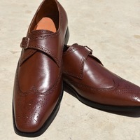 Classic Men's Brown Wingtip Single Monk Strap Genuine Leather Shoes - Thumbnail 3