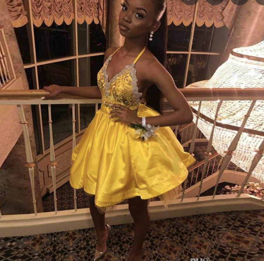 yellow halter hoco dress Zapaka Women Yellow Homecoming Dress with Sequins Halter Neck Bodycon Sheer Corset Floral Cocktail Dress, Yellow / US4