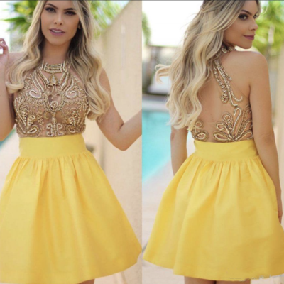 High neck yellow homecoming dresses with rhinestones - Thumbnail 3