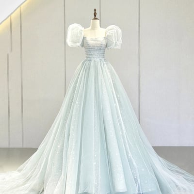 Blue tulle long a line prom dress blue evening gown - Thumbnail 4