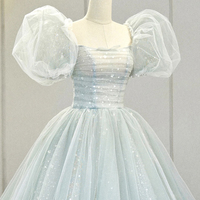 Blue tulle long A line prom dress blue evening gown - Thumbnail 1