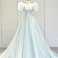 Blue tulle long A line prom dress blue evening gown - Thumbnail 5