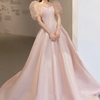 Pink satin long prom dress pink evening dress - Thumbnail 3