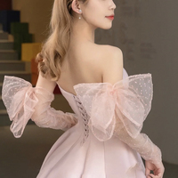 Pink satin long prom dress pink evening dress - Thumbnail 4