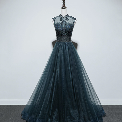 Elegant tulle beads long prom dress a line evening dress - Thumbnail 1