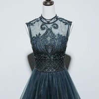 Elegant tulle beads long prom dress A line evening dress - Thumbnail 2