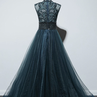 Elegant tulle beads long prom dress A line evening dress - Thumbnail 5