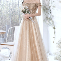 Champagne tulle lace long prom dress A line evening dress - Thumbnail 5