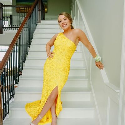 One shoulder yellow sequins long formal dress,1390