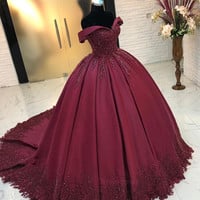 Off the Shoulder Wine Red Ball Gown,Elegant Prom Dresses,Quinceanera Dresses,Sweet 16 Dresses,1392 - Thumbnail 1