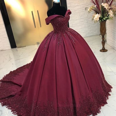 Off the shoulder wine red ball gown,elegant prom dresses,quinceanera dresses,sweet 16 dresses,1392
