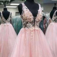 Pink Floral Embroidery V Neck Long Prom Dress,1399 - Thumbnail 2