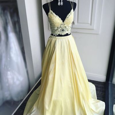 Two piece yellow prom dress with lace top,1401