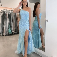 Blue One Shoulder Tight Long Prom Dress,1402 - Thumbnail 2