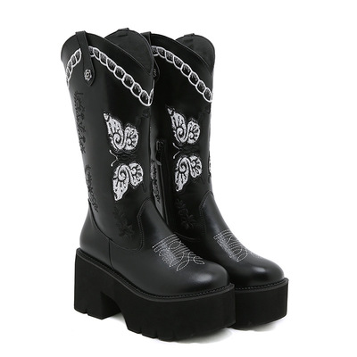 Butterfly Embroidered Chunky Heeled Boots