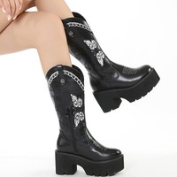 Butterfly Embroidered Chunky Heeled Boots - Thumbnail 1