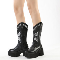 Butterfly Embroidered Chunky Heeled Boots - Thumbnail 2