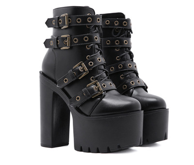 Black Belt Metal Buckles High Heels Boots