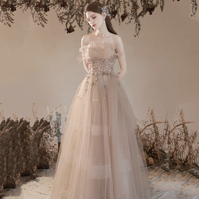 Champagne tulle beads long prom dress evening dress - Thumbnail 4