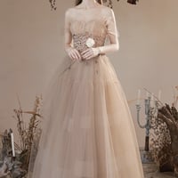 Champagne tulle beads long prom dress evening dress - Thumbnail 1