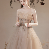 Champagne tulle beads long prom dress evening dress - Thumbnail 2