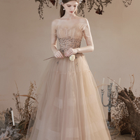 Champagne tulle beads long prom dress evening dress - Thumbnail 4