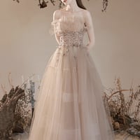 Champagne tulle beads long prom dress evening dress - Thumbnail 6