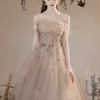 Champagne tulle beads long prom dress evening dress - Thumbnail 7