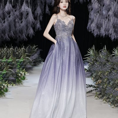 Purple lace sequins long prom dress a line evening gown