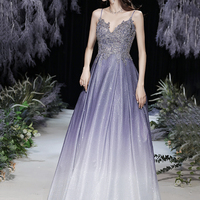 Purple lace sequins long prom dress A line evening gown - Thumbnail 2