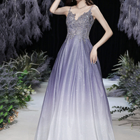 Purple lace sequins long prom dress A line evening gown - Thumbnail 1