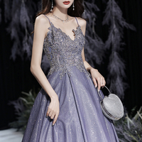 Purple lace sequins long prom dress A line evening gown - Thumbnail 3