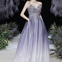 Purple lace sequins long prom dress A line evening gown - Thumbnail 8