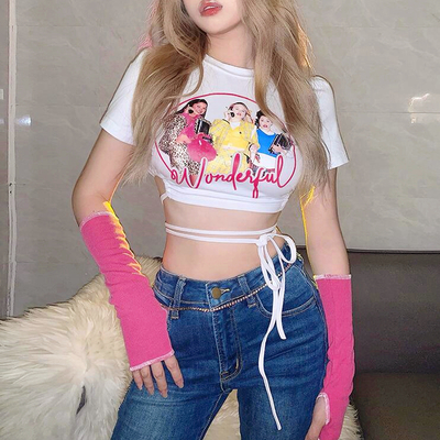 Wonderful girls printed lace up cross crop top with sleevelet