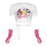 Wonderful Girls Printed Lace up Cross Crop Top with Sleevelet - Thumbnail 2