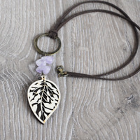 Wooden Leaf Necklace, Purple Quartz, Nature Lovers Gift, Canadian Jewelry - Thumbnail 3