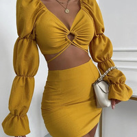 Women's Sexy Solid Color V-Neck Long Sleeve Hip Two-piece Suit - Thumbnail 4