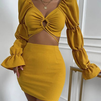 Women's Sexy Solid Color V-Neck Long Sleeve Hip Two-piece Suit - Thumbnail 3