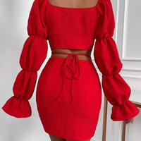 Women's Sexy Solid Color V-Neck Long Sleeve Hip Two-piece Suit - Thumbnail 7