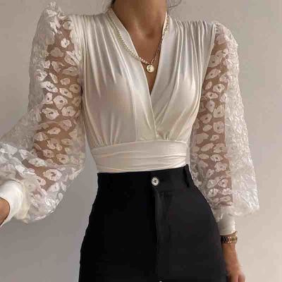 Women'S White Splicing Lace Casual Top