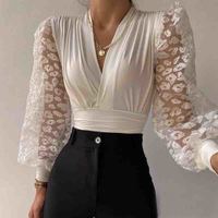 Women'S White Splicing Lace Casual Top - Thumbnail 2